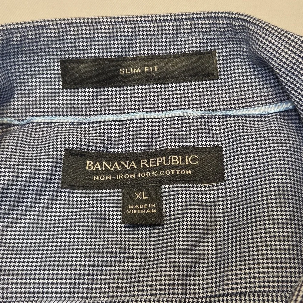 Banana Republic Slim Fit Dress Shirt XL 17-17.5 Blue Micro Check Non Iron Cotton